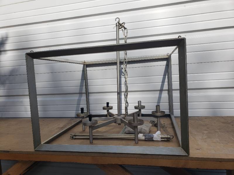 lot 164 image: Extra Large Metal Square Geometric Design Entryway Chandelier LIght Fixture - Mat Pewter Color - 23.5in W x 26.5in L x 28in T