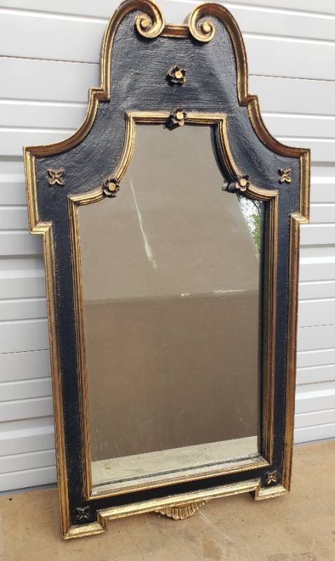 lot 170 image: Large Vintage Ornate Scroll Design Cast Resin Frame Wall Mirror - Black with Gold Details - 42.5in T X 22.5in W
