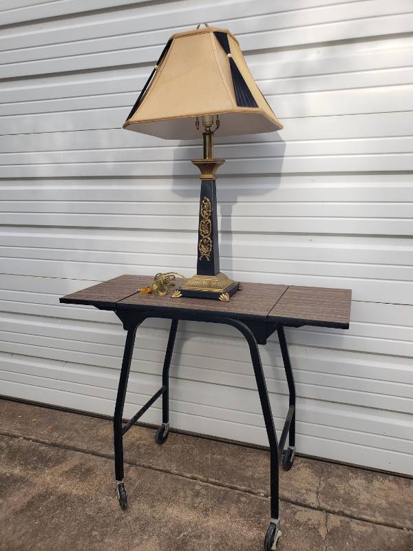 lot 174 image: Vintage Drop Leaf Office MachineSide Table - Wood Grain Laminate Top - on Casters -34in W x 16in D x 27in T open, and Metal Column Lamp - Black with Brass Feet & Accents - Matching Fabric Shade - 32in T