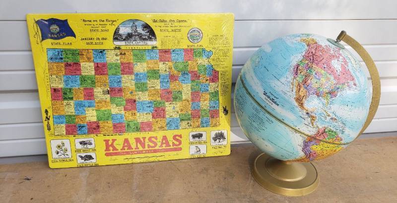 lot 175 image: Vintage Repogle Globes Inc. World Nation Series 12in Diameter World Globe on Gold Rotating Base - 15.5in T, and 1988 KANSAS Map Puzzle - STILL SEALED in Original Shrink Wrap - by Peirce Puzzle Co. in Hutchinson, KS - 20in W x 16in T