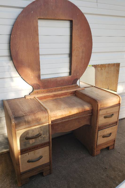 lot 180 image: Vintage 1930s Wood Waterfall Front Vanity Dresser with 4 Drawers - Wood Mirror Frame with included Mirror that needs cut to fit - 44in W x 18in D x 26in T without Mirror