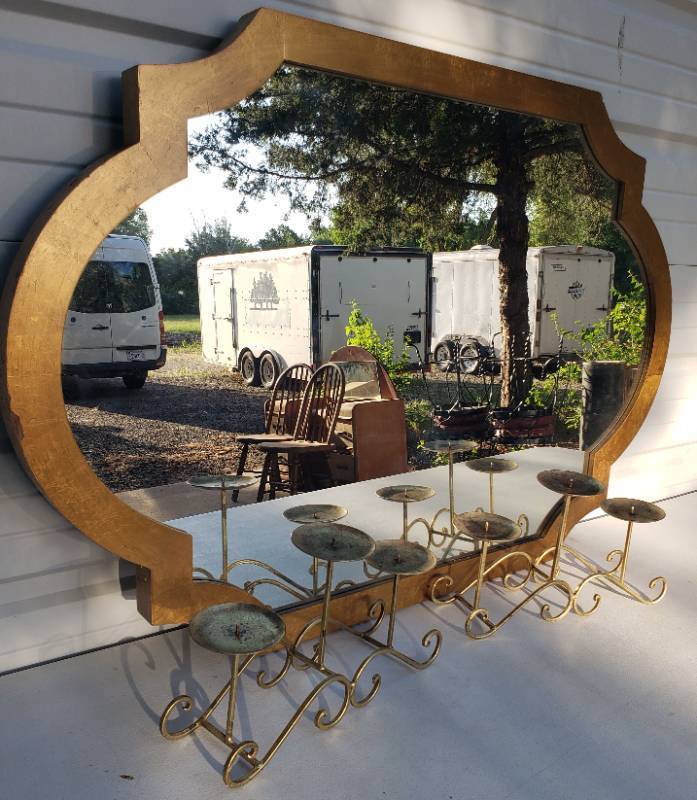 lot 181 image: Large Morrocan Style Wall Mirror - Gold Wood Frame - 30in W x 44.5in T, and 2 Gold Metal Candle Stands - 15in W x 8in T