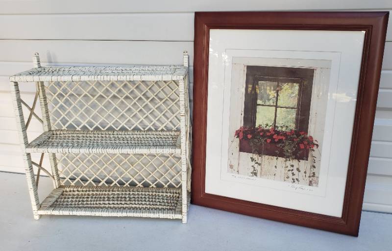 lot 184 image: Artist Signed Art Print The Inner Garden - Wood Framed - 19in W x 23in T, and White Wicker Triple Wall Shelf - 18in W x 18in T x 6.5in D