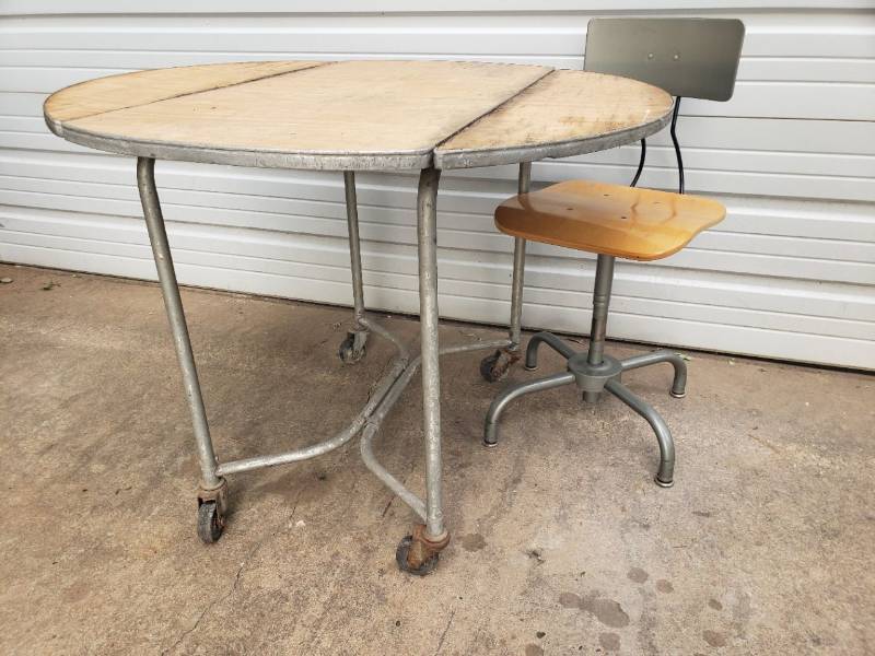 lot 13 image: Vintage 1958 Adjustrite Swivel Metal Frame Office Chair with Bent Wood Seat - Adjustable Seat & Back, and Vintage Drop Leaf Catering Cart on Swivel Casters - Open 40in W x 30in T - 20in W with Sides Down