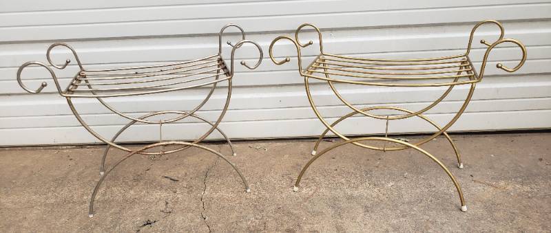 lot 15 image: Pair of Metal Empire Design VanityDressing Table Benches - No Cushions - 26in W x 12.5in D x 20in T