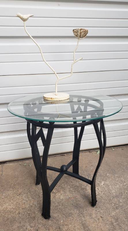 lot 17 image: Black Metal Frame EndSide Table with Round Beveled Glass Top - 21in W x 21in T, and White Cast Iron Bird & Nest on Branch Table Top Decor - 14in W x 16in T