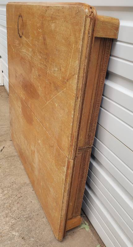 lot 21 image: Antique Early 1900s Solid Oak Square Dining Table Top - 42in x 42in - Carved Apron - No Base
