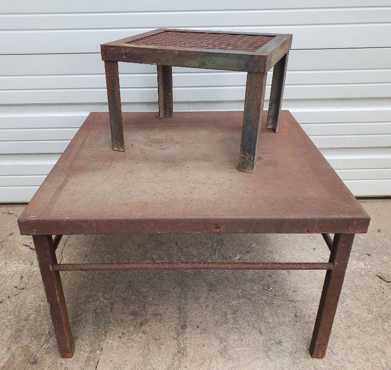 lot 27 image: Angle Iron, Steel, and Expanded Metal ShopWork Tables - Larges is 28in W x 28in L x 17.5in T
