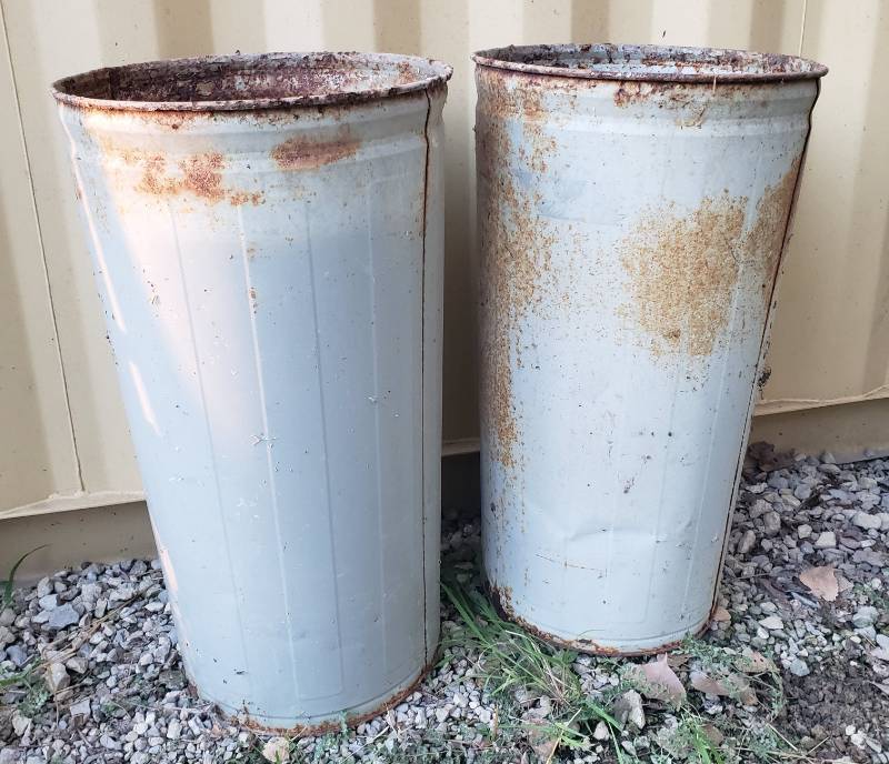 lot 41 image: Pair of Vintage Metal Old School House Trash Cans - 16in W x 29in T