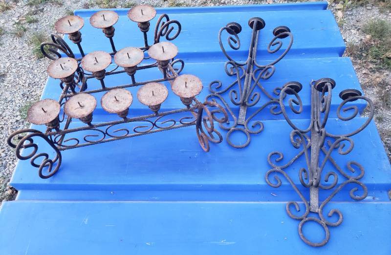 lot 47 image: Cast Iron Fireplace Candle Stand - 25in W x 19in D x 13in T, and Pair of Iron Wall Candle Sconces - 12in W x 24in T x 8in D