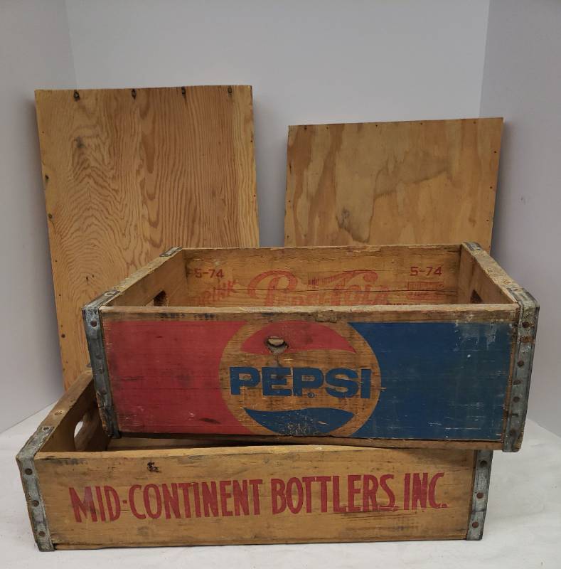 lot 81 image: Vintage Wood Pop Delivery Crates - Pepsi-Cola 18in L x 12in W x 6in T & Mid Continent Bottlers, Inc 18in L x 12in W x 5in T - both with Custom Made Storage Lids