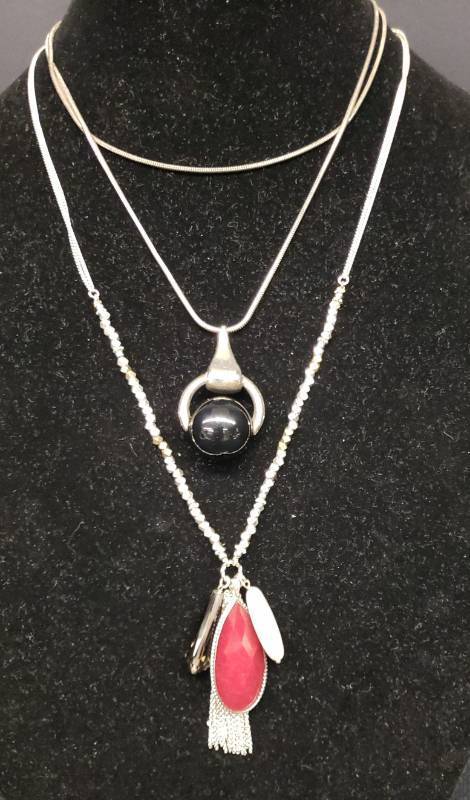 lot 187 image: Park Lane Jewelry Silver Tone Multi Drop Pendant Necklace with Pebble Beads - Includes 2 Extenders - 26in L, and Silver Smooth Serpent Link Chain Necklace with Knocker Design Ball Pendant - 36in L