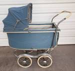 Vintage 1940's-1950's Rex STROLL-O-CHAIR Baby Buggy/Convertible Stroller with Removable Bassinet Section, Rubber Tires, & Folding Chrome Frame - Blue & White Vinyl Covering - 50in L x 28in W x 42in T???