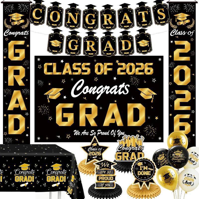 lot 1323 image: Black and Gold Graduation Decorations 2026 Backdrop, Tablecloth, Banner, Baloons