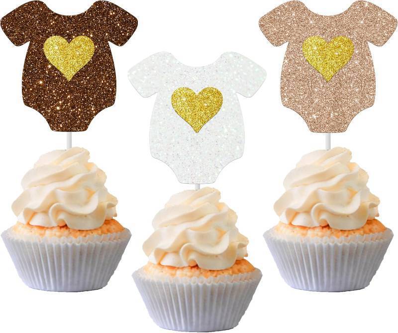 lot 1461 image: Glitter Baby Shower Cupcake Toppers Onesie Shape, Brown, Double-Sided