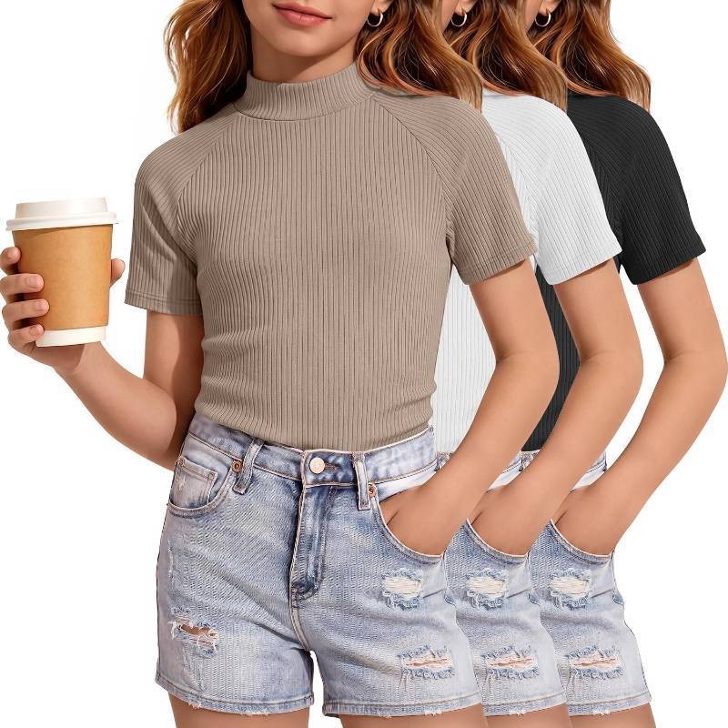 lot 1502 image: 3 Pack Girls Mock Turtleneck Shirts, Fitted Tops, 11-12y