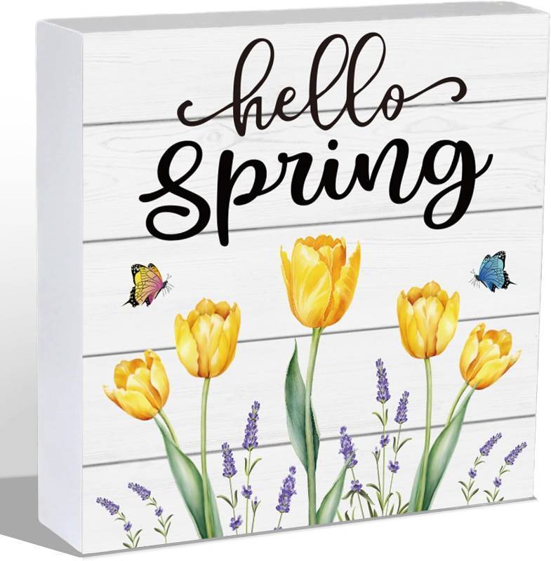 lot 12446 image: Spring Table Decor Tulips Wood Box Sign Rustic Shelf Desk 5.9 x 5.9 Inch