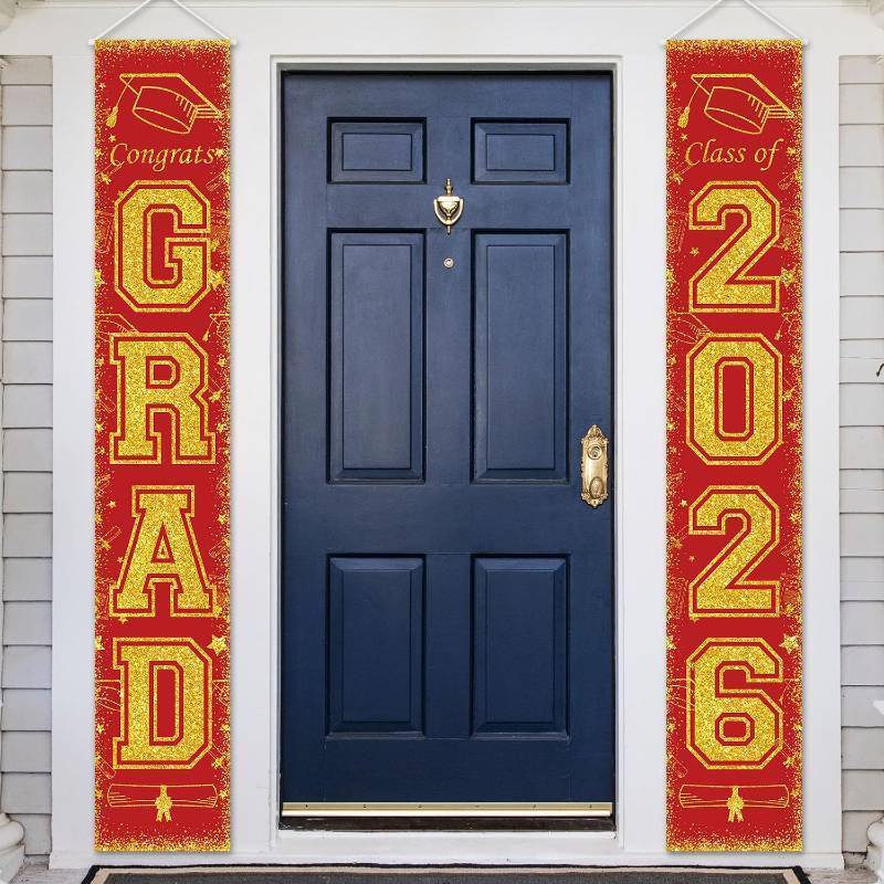 lot 13077 image: Red and Gold Class of 2026 Graduation Banner - Porch Sign, Congrats Grad