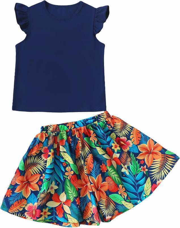 lot 13303 image: YOURUIKEY Tween Girl Outfit Cap Sleeve T-Shirt & Hawaiian Shorts Set 11Y
