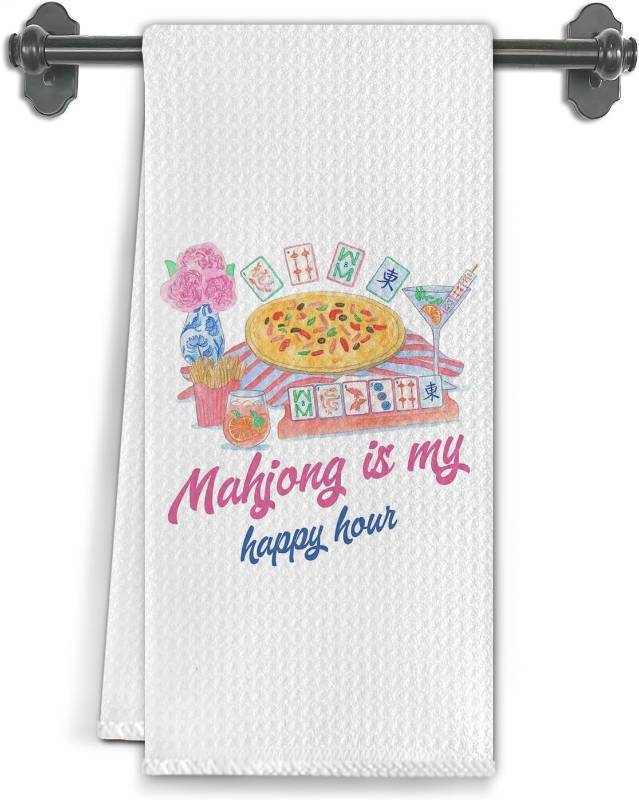 lot 20061 image: Chinoiserie Pizza Mahjong Theme Kitchen Towels, 16x24, Bar Decor