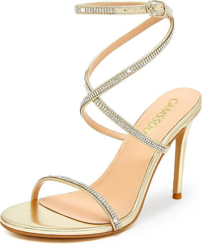 lot 20320 image: CAMSSOO Womens Rhinestone Strappy Heels Open Toe Ankle Strap Sandals 4-In size