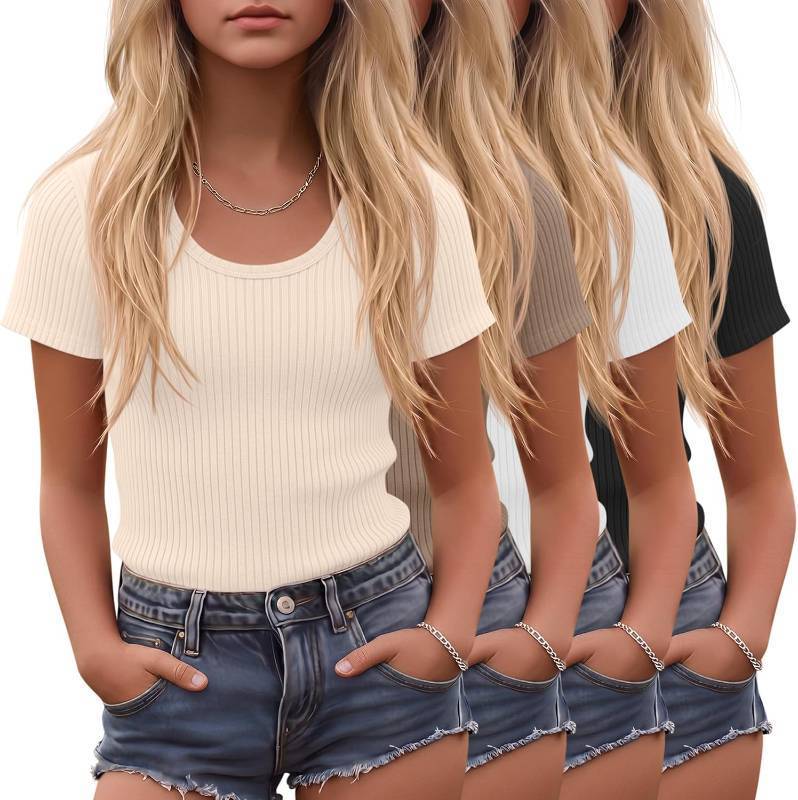 lot 20429 image: 4-Pack Girls Short Sleeve Tees, Scoop Neck, Knit, Soft & Breathable, 9-10Y