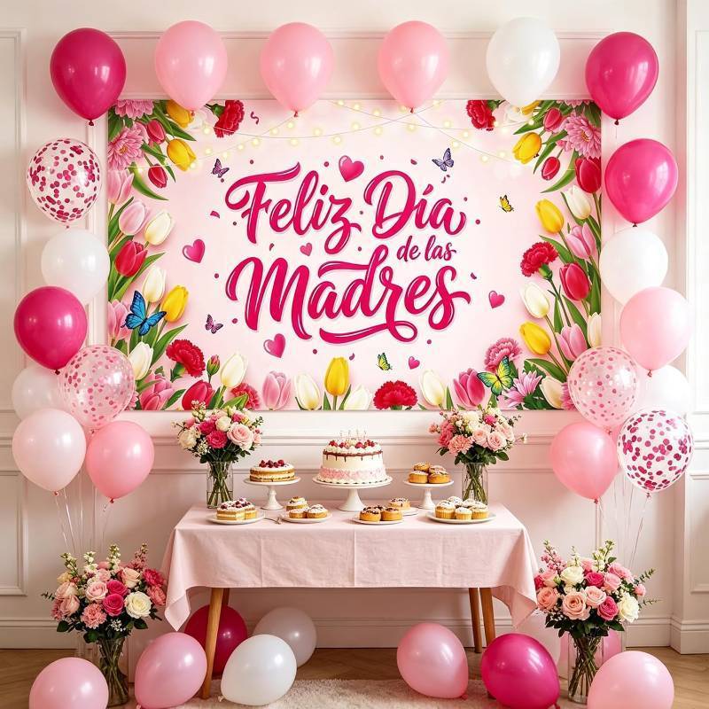 lot 20563 image: Feliz Dia de las Madres Decorations, 73 x 43 in Pink Floral Banner Backdrop