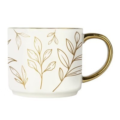 lot 20921 image: Sweet Water Decor Gold Leaves Gold Handle Mug - 14oz