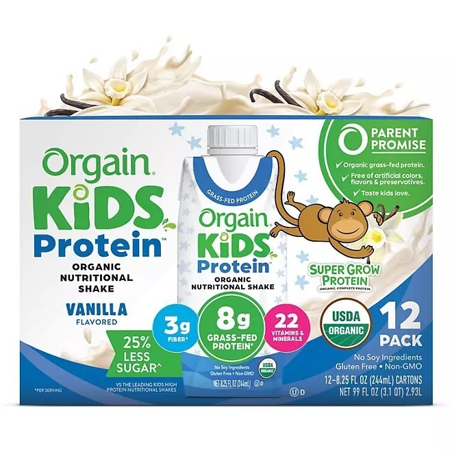lot 11044 image: Orgain Kids 8g Protein Organic Nutritional Shake, Vanilla (8.25 fl oz,12 pk)