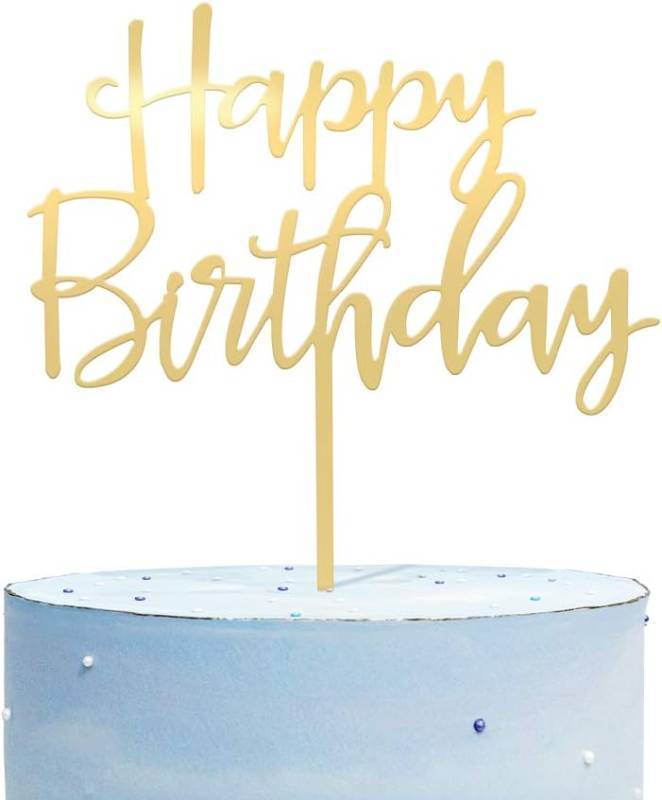 lot 2220 image: Mirrored Gold Acrylic Happy Birthday Cake Topper, 6W x 7H, reusable keepsake