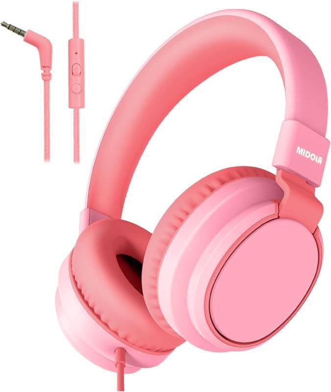 lot 2632 image: Wired Kids Headphones with Mic, Safe Volume 8594dB, Over-Ear, Pink
