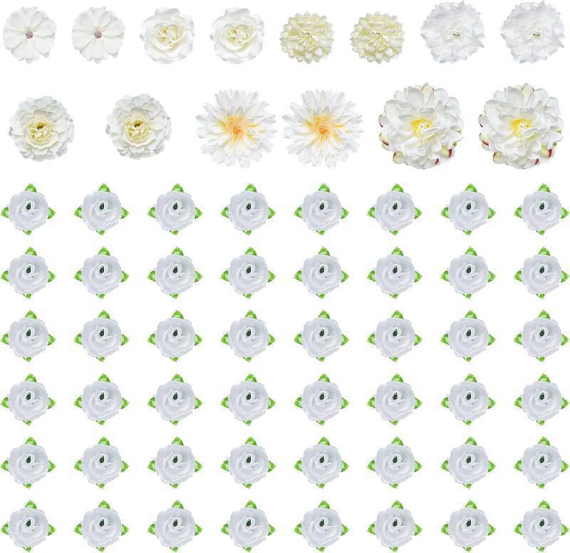 lot 1814 image: jiebor 60Pcs Mini Faux Flower Heads White - Artificial Roses, SilkFabric