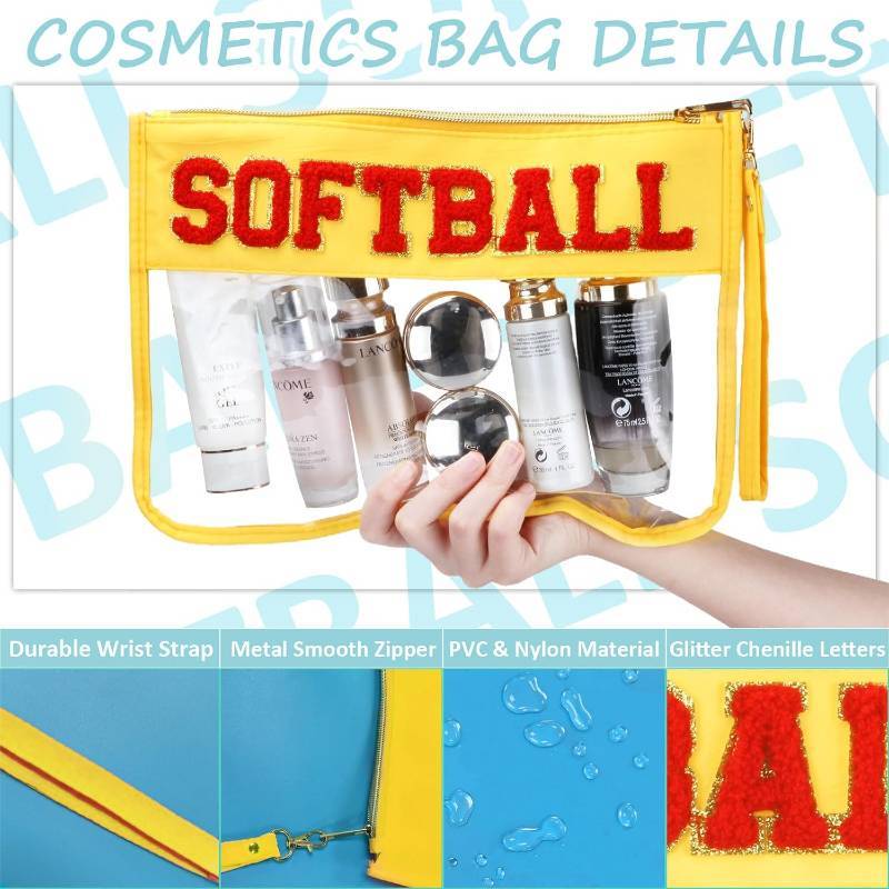 lot 1958 image: Chenille Letter Bag, Clear Nylon Cosmetic Zipper Bag, Varsity Patch Pouch (SOFTBALL)