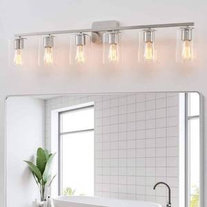 lot 5476 image: KAWOTI 43.2in 6-Light Brushed Nickel Vanity Light with Clear Glass Shade - Retail $149