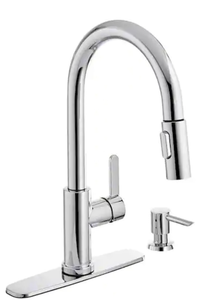 lot 5501 image: Paulina Single-Handle Pull-Down Sprayer Kitchen Faucet with TurboSpray, FastMount and Soap Dispenser in Polished Chrome - Retail $0