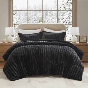 lot 5522 image: 3pc FullQueen York Brushed Faux Fur Comforter Mini Set Black - Retail $298