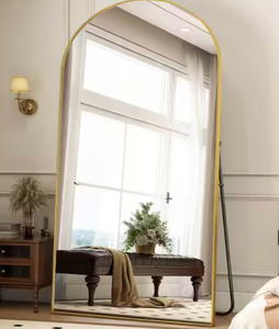 lot 5524 image: 34 in. W x 76 in. H Arched Classic Gold Aluminum Alloy Framed Full Length Mirror Standing Floor Mirror - Retail $0