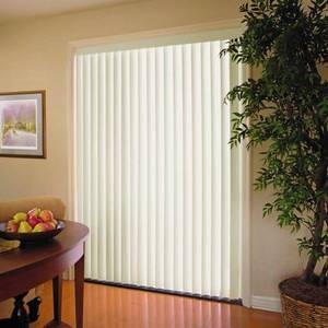 lot 5603 image: Crown Alabaster Cordless Room Darkening Vertical Blinds for Sliding Doors Kit with 3.5 in. Slats - 78 in. W x 84 in. L - Retail $58