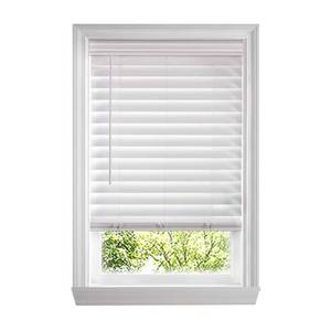 lot 5607 image: White Cordless Premium Faux Wood blinds with 2.5 in. Slats - 72 in. W x 64 in. L (Actual Size 71.5 in. W x 64 in. L) - Retail $440