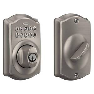 lot 5614 image: Schlage BE365VCAM619 Satin Nickel Camelot Keypad Deadbolt Hardware Lock - Retail $235