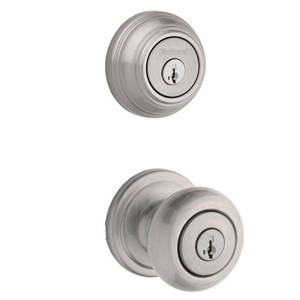 lot 5666 image: Kwikset 992 Juno Entry Knob and Double Cylinder Deadbolt Combo Pack featuring SmartKey� in Satin Nickel - Retail $163