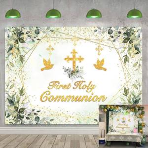 lot 78214 image: First Holy Communion Backdrop 7x5ft Greenery Baptism Party Decoration Backdrop God Bless Banner Gold Cross Green Leaves Neutral Baby Shower Banner Photo Props
