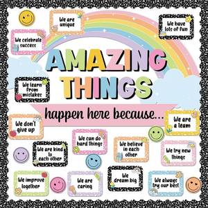 lot 78217 image: Pastel Rainbow Amazing Things Happen Here Bulletin Board Set Composition Notebook Classroom Decor Motivational Saying Cutouts for Back to School Teacher Supplies Classroom Chalkboard Wall Door Decor