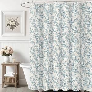 lot 78219 image: Dark Blue Linen Cotton Waterproof Shower Curtain, Farmhouse Elegance Floral Shower Curtains for Bathroom Decor, Chic Fabric Cloth Flower Leaves Shower Curtain 72 W x 72 L