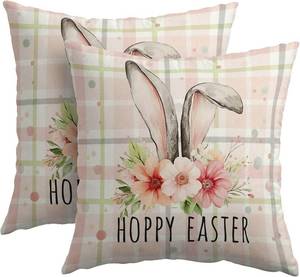 lot 78229 image: Easter Bunny Floral Pillow Covers 18x18 Inch Spring Pink Buffalo Plaid Decorative Pillow Cases Rabbit Flower Throw Pillows Set of 2 Seasonal Modern Farmhouse Home Decor for Sofa Couch Outdoor