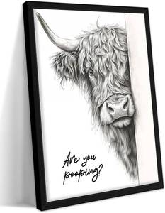 lot 78261 image: Framed Highland Cow Canvas Wall Art for Bathroom Wall Decor, Modern Farmhouse Decor, Humorous Are You Pooping Picture Print, Cute Black and White Animal Painting for Bathroom   12x16 inch
