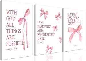 lot 78291 image: Coquette Pink Bow Canvas Wall Art Set of 3, Inspirational Bible Verses Decor Posters Pictures Prints Aesthetic for Girls Room College Apartment Living Room Bedroom Framed 12x16 Inch