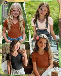 lot 78309 image: 3 Pack Girls Ribbed V Neck Shirts SIZE XXL COLORS ARE BLACK RED AND BLUE