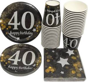 lot 78320 image: Oojami 40th Birthday Decorations for Men & Women   Party Supplies Set for 30, Includes 9 Dinner Plates, 7 Dessert Plates, 12oz Cups, 3-Ply Napkins   Black & Gold Disposable Plates and Napkins Set