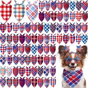 lot 78339 image: Abbylike 100 Pcs Red White and Blue Plaid Dog Bandanas Bulk Patriotic Gingham Bandana for Dogs Triangle Kerchief Bib Scarf for Pet Veterans Day Thank You Veterans Party Costume, 25 Styles, Medium
